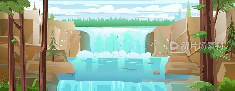 Wide landscape with waterfall among rocks. Cascade shimmers downward. Coniferous forest on horizon. Water flowing. Nice cartoon style. Flat design. Vector
